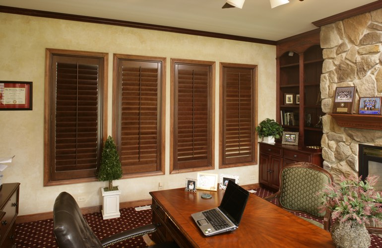 Hardwood plantation shutters in a Indianapolis home office
